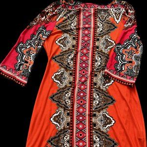 Eci New York Moroccan Inspired Red and Orange Print Dress L